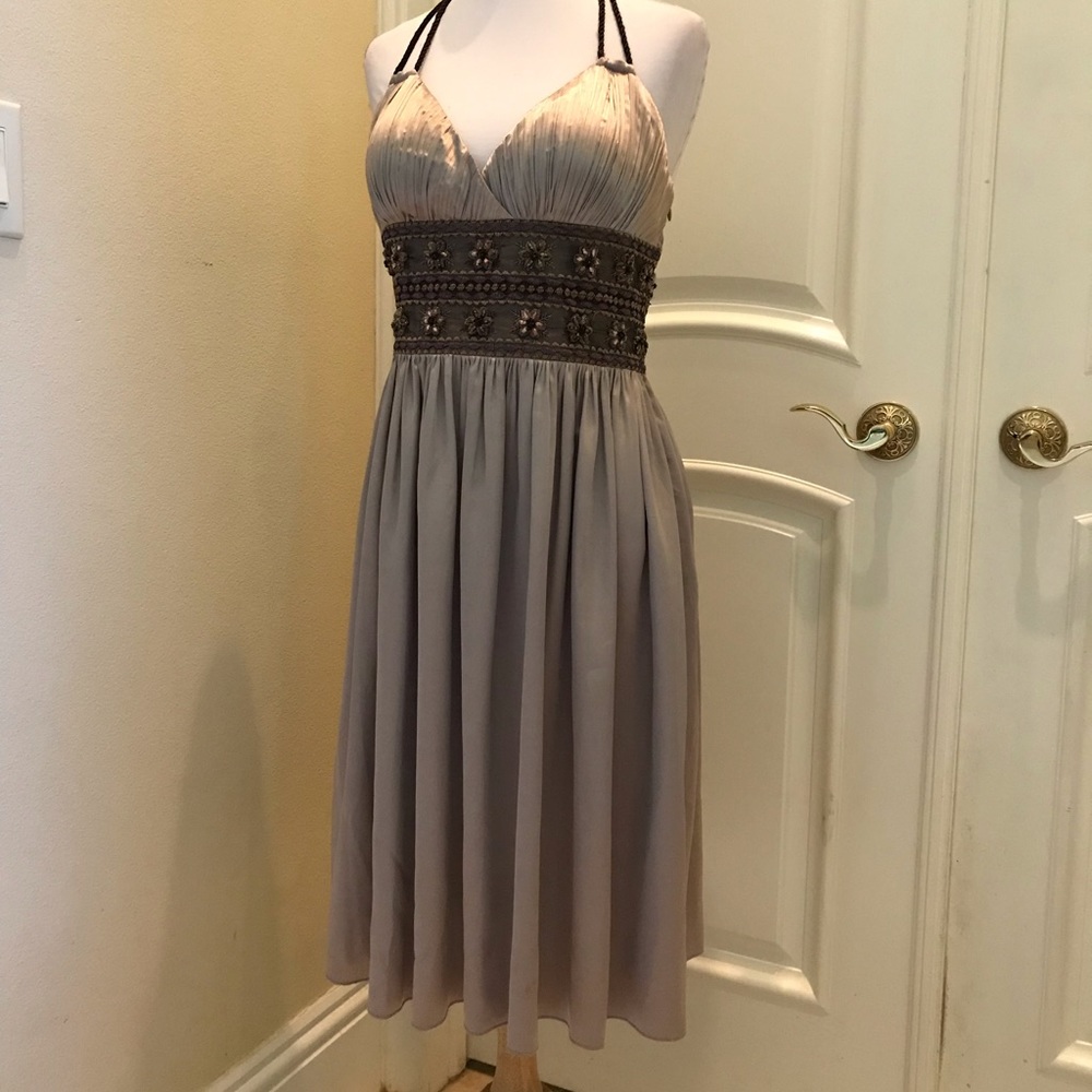 Lyndia  Procanik  taupe satin  bead cocktail dress